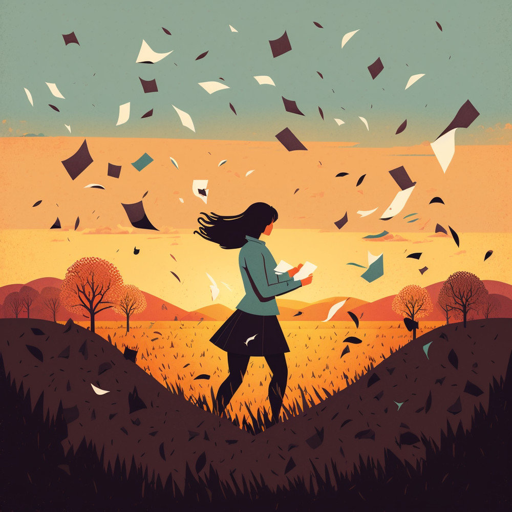 Image description: An illustration of a person with light brown skin and long black hair walks through a grassy field at sunset. They are wearing a light blue jacket and a black skirt. They are holding some papers and there are many more pieces of paper flying all around as if blown by the wind.